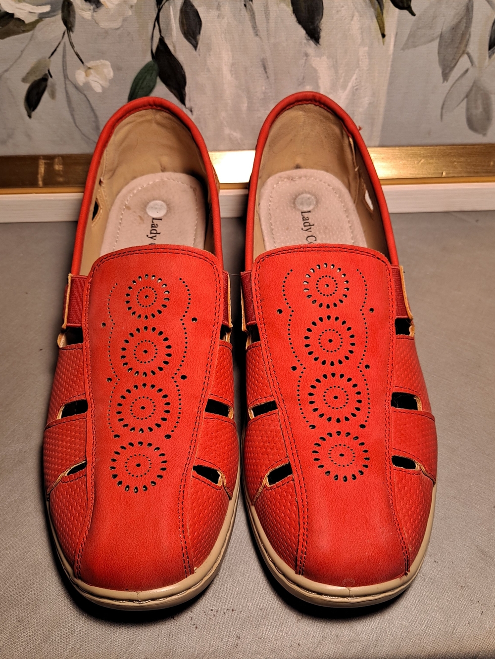 Lady Confort Red Casual Slip-On Flat Loafers Lightweight Faux Leather Ergonomic